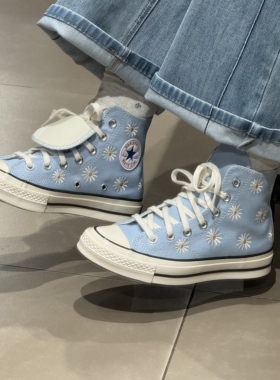 正品CONVERSE匡威 1970S浅蓝色小雏菊刺绣男女高帮帆布鞋 A16763C