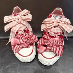 正品converse匡威 红色双鞋带格子蝴蝶结低帮休闲帆布鞋 A13662C