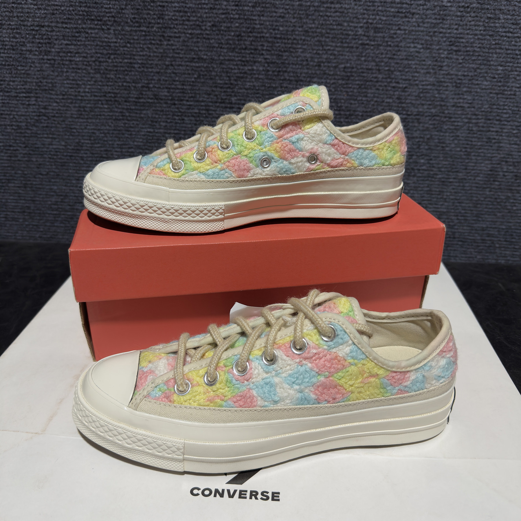 正品converse匡威 1970S毛线编织彩虹黄粉拼色低帮帆布鞋 A09229C