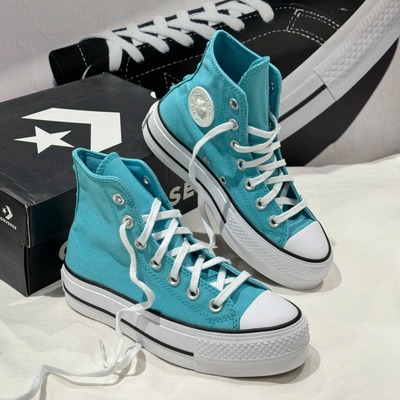 正品Converse匡威 3D小花蓝色厚底增高Hi Lift帆布鞋 A06492C