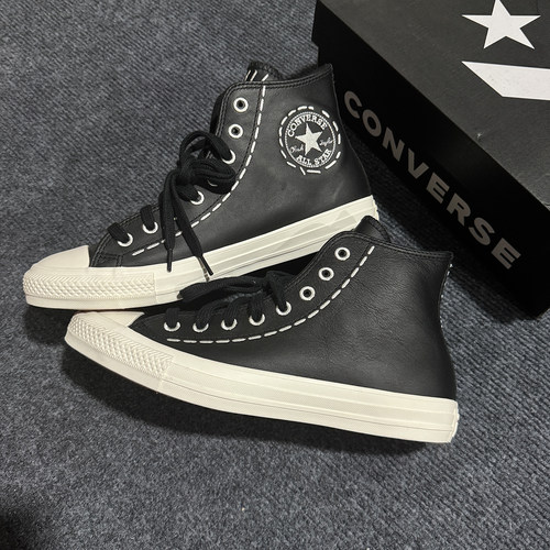Converse匡威黑色缝线加绒软皮质高帮保暖男女款休闲棉鞋A07954C