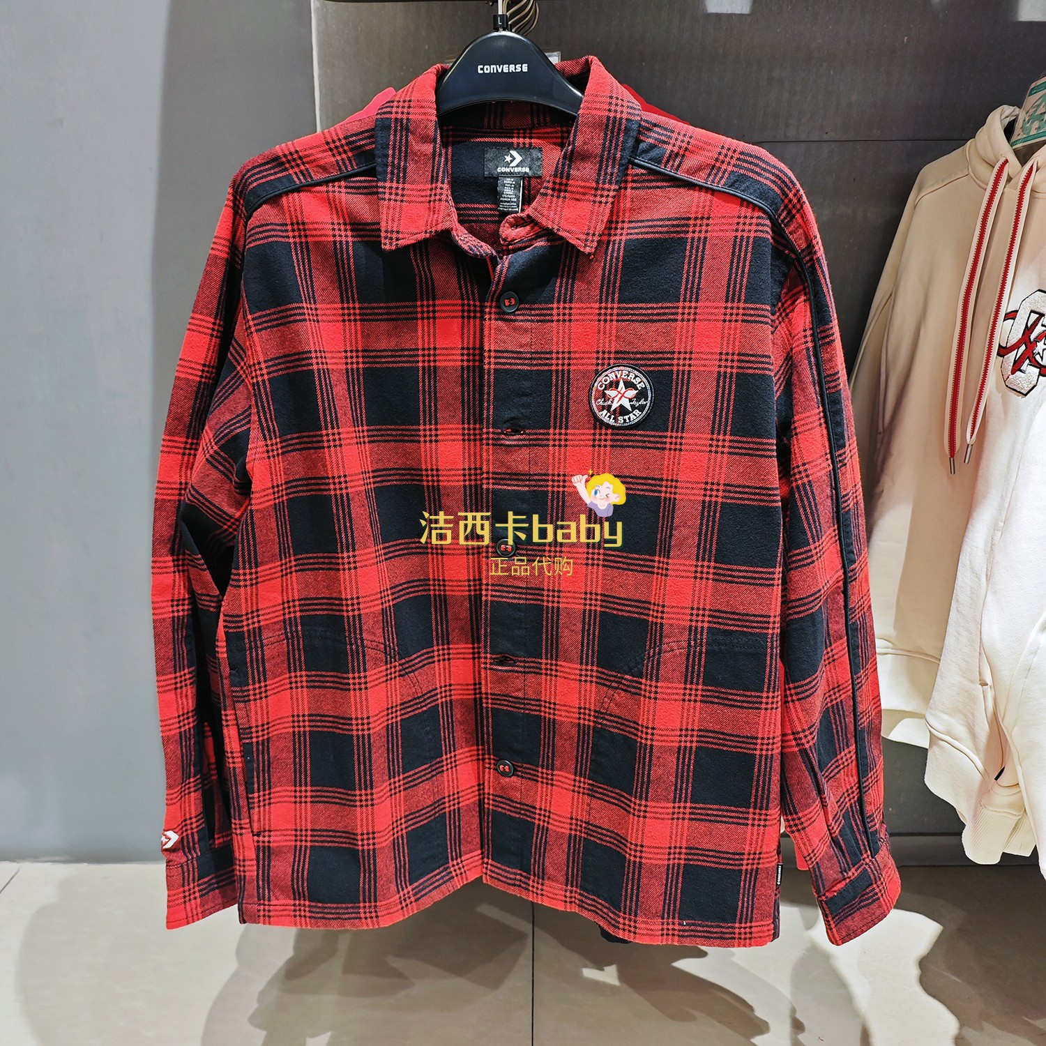 红色黑色格子宽松长袖衬衫衬衣