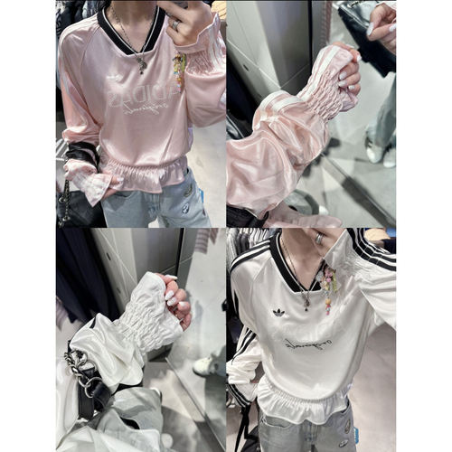 Adidas三叶草26年春季女子V领芭蕾风收腰褶长袖T恤KS2879 KS2880