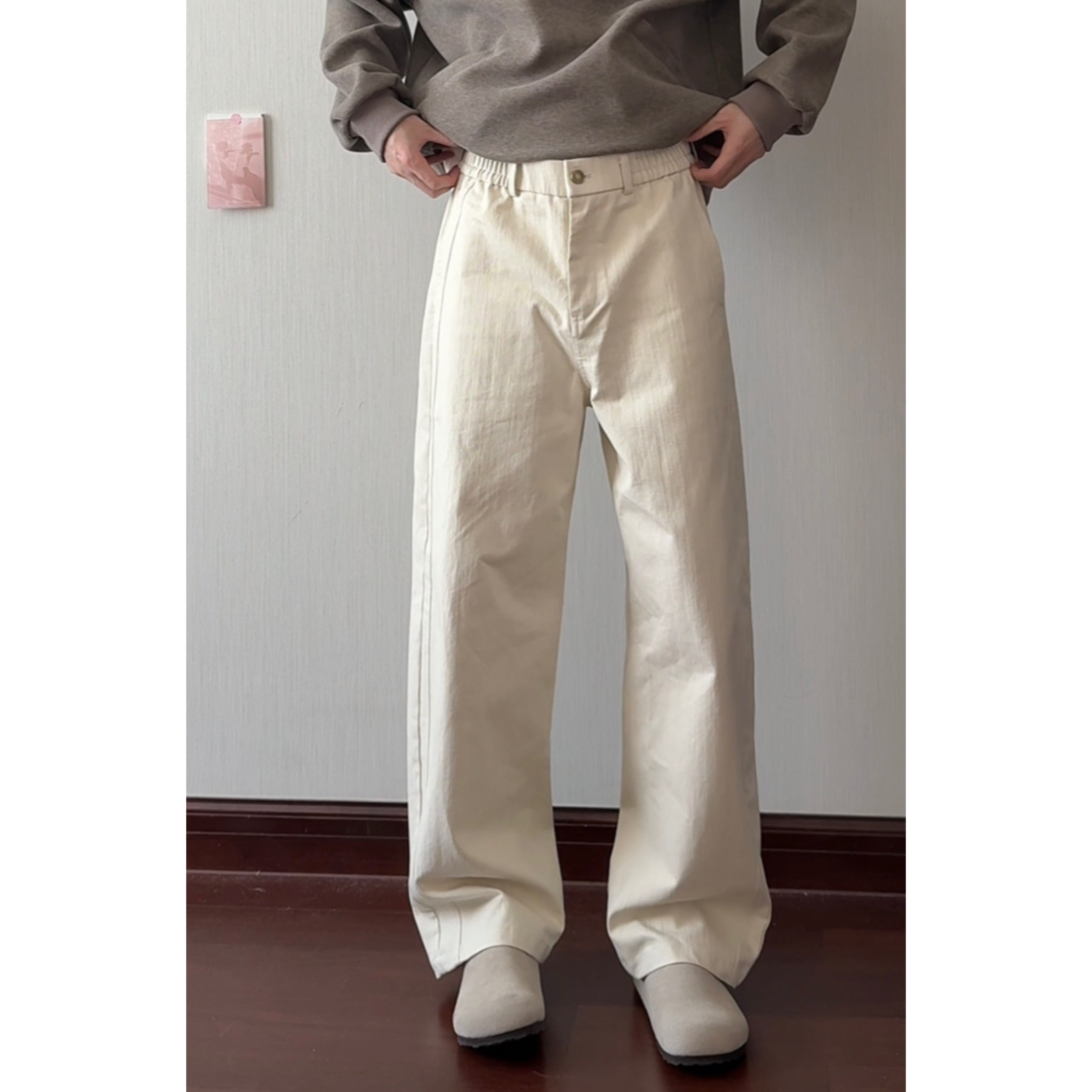 HN26aw/秋季老钱风纯棉松紧腰水洗休闲裤男百搭显瘦直筒宽松长裤