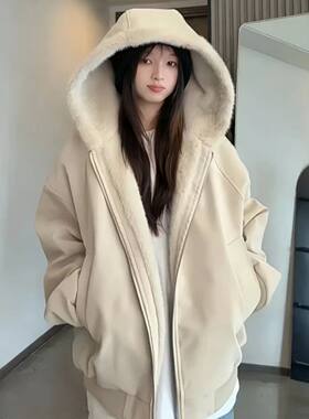 MANRE SHOW荔枝纹皮1500G连帽座山雕棉衣冬季加绒加厚毛领棉袄
