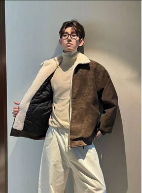 HN潮牌冬季美拉德羊羔绒PU皮重磅美式复古风棉服加绒加厚情侣棉衣