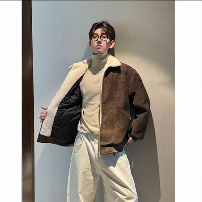 HN潮牌冬季美拉德羊羔绒PU皮重磅美式复古风棉服加绒加厚情侣棉衣