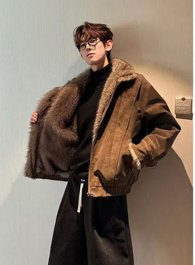 HN潮牌【全毛内里座山雕】冬季美拉德立领保暖棉服男加绒加厚棉衣