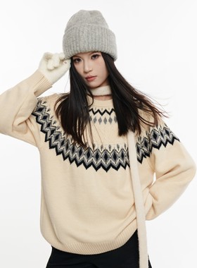 HSNH【费尔岛针织毛衣】秋冬650g圆领针织衫提花百搭毛衣