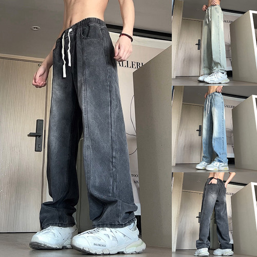 长裤水洗做旧松紧腰牛仔裤情侣