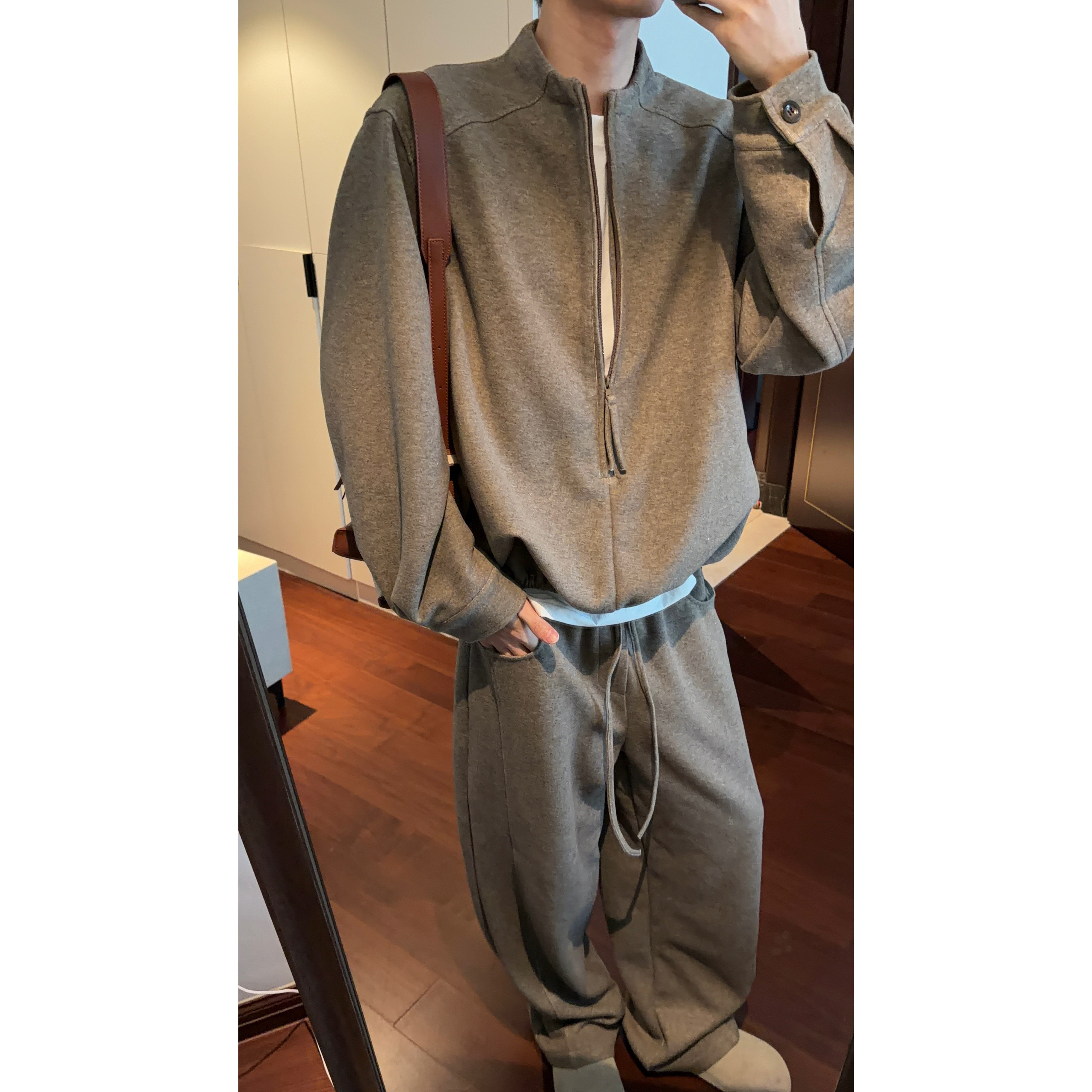 HN26aw【加厚假两件卫衣套装】秋季老钱情侣半拉链卫衣卫裤两件套