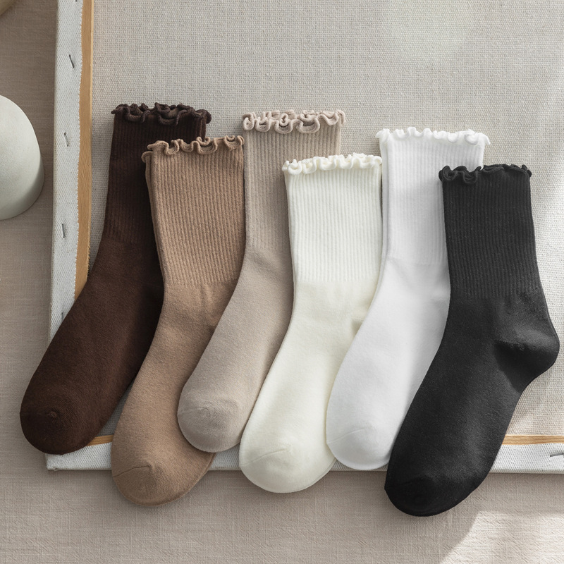 咖色系花边中筒袜棉ins潮堆堆袜