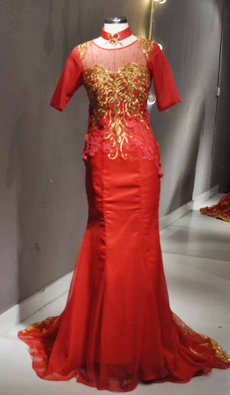 改良旗袍二手遮手臂敬酒服女新娘晚礼服鱼尾长款古典红金显瘦拉链