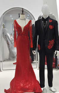 出租主持歌手舞台礼服敬酒服长袖v领鱼尾拖男女组合款正品超精致