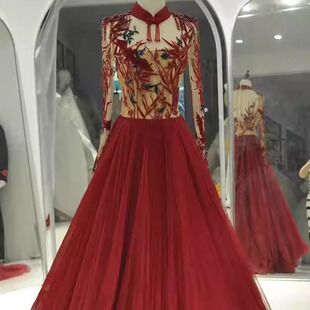 民歌礼服演出音乐会大牌重工超精致长袖立领显瘦独款设计酒红色