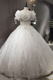 高端实体店租赁婚纱齐地出门纱孕妇不显肚子特大码公主袖重工正品