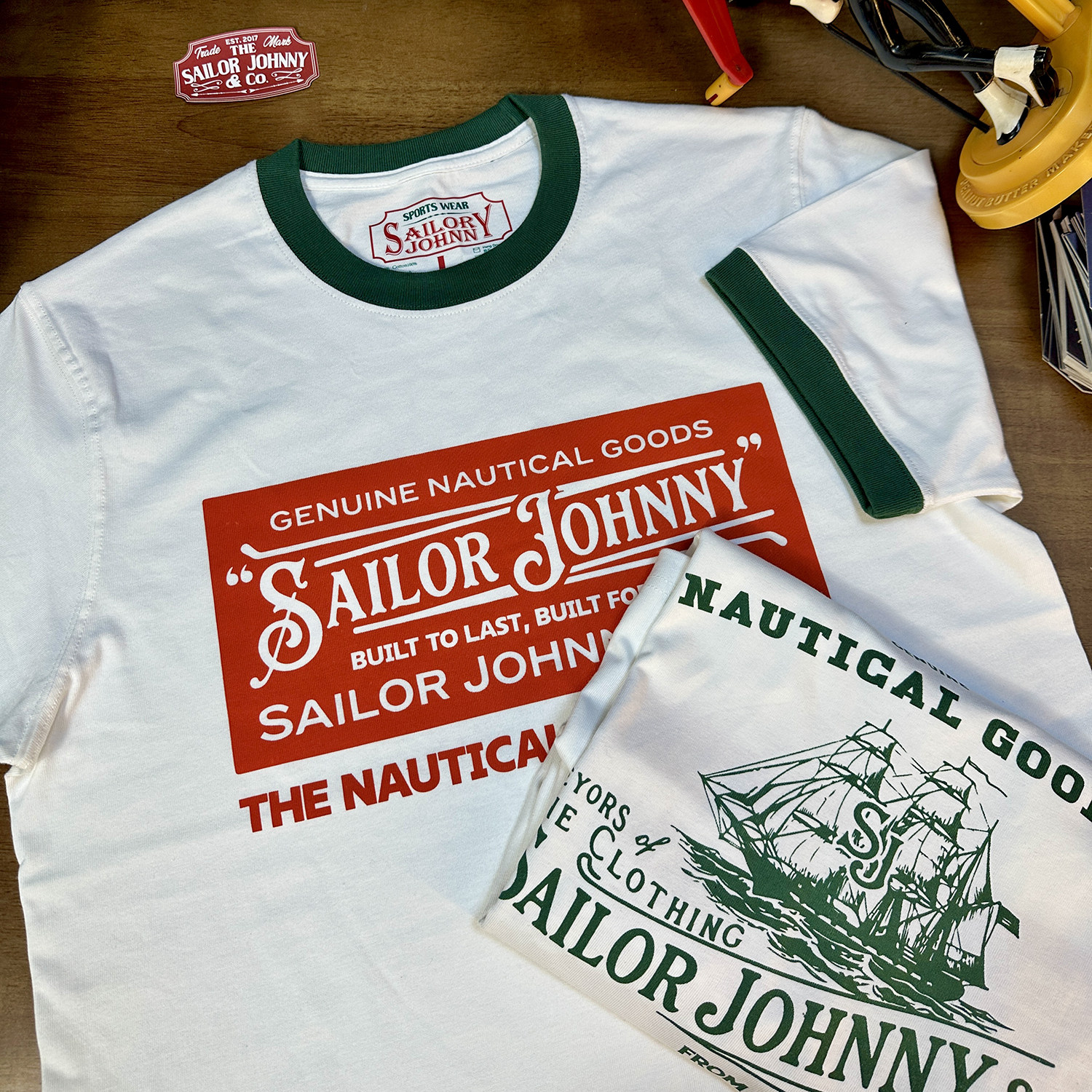 SAILOR JOHNNY美式复古撞色领口纯棉270g重磅圆领短袖T恤男女