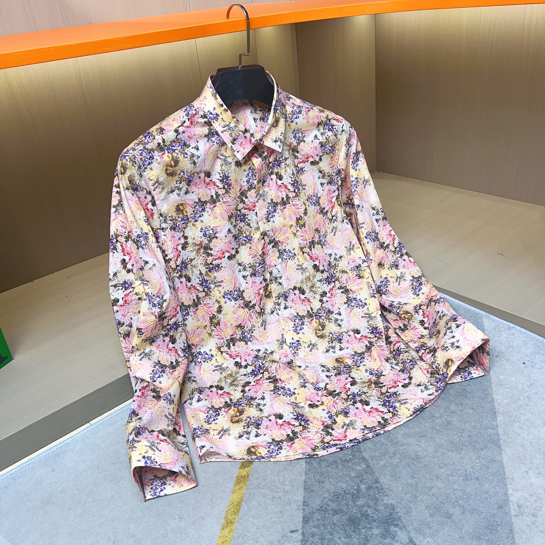 2024春季新款男士修身个性碎花数码印花免烫长袖衬衫男潮流衬衣