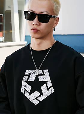 TRIBAL 黑白插画TSTAR圆领卫衣美式街头潮牌宽松圆领街舞套头卫衣