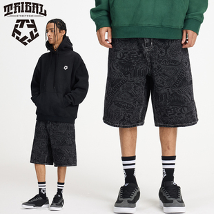 图腾暗花满印街舞滑板复古街头五分牛仔裤 TRIBAL美式 嘻哈涂鸦经典