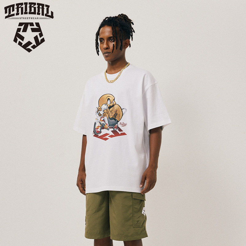 TRIBAL美式嘻自行车卡通涂鸦印花街舞滑板Bboy夏街头复古短袖T恤