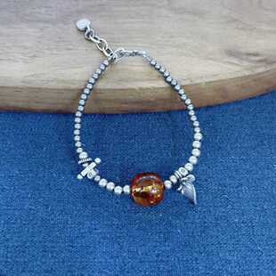 小众设计银珠手链女古法银复古天花珀精致银色手串饰品女礼物单圈