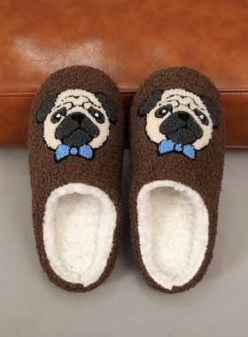 巴哥周边拖鞋绣花加绒加厚冬季棉拖pug居家室内卡通狗毛巾绒拖鞋