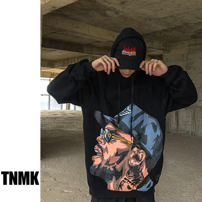 美式嘻哈头像印花连帽套头卫衣
