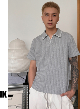 TNMK夏季花边V领麦穗纹POLO衫短袖肌理感美式老钱风半袖针织T恤男