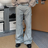 复古泼墨水洗做旧伐木裤 双膝贴布工装 裤 TNMK美式 直筒宽松休闲裤 潮