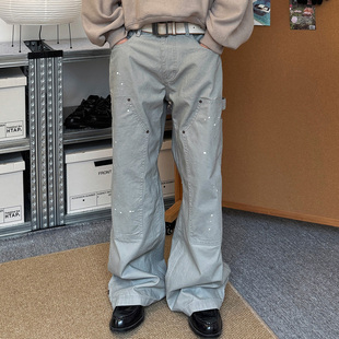 直筒宽松休闲裤 TNMK美式 裤 双膝贴布工装 潮 复古泼墨水洗做旧伐木裤