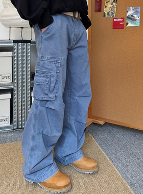 TNMK 美式复古伞兵裤法工蓝长裤vintage水洗做旧宽松阔腿工装裤男