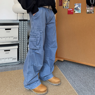 美式 裤 复古伞兵裤 vintage水洗做旧宽松阔腿工装 男 法工蓝长裤 TNMK