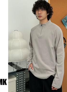 TNMK 美式复古双面绒立领半拉链长袖T恤男2024秋潮牌插袖运动上衣