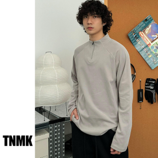 T恤男2024秋潮牌插袖 复古双面绒立领半拉链长袖 运动上衣 美式 TNMK