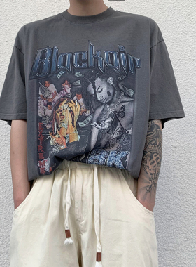 TNMK 美式复古水洗做旧嘻哈宽松短袖男女高街潮牌印花设计圆领T恤