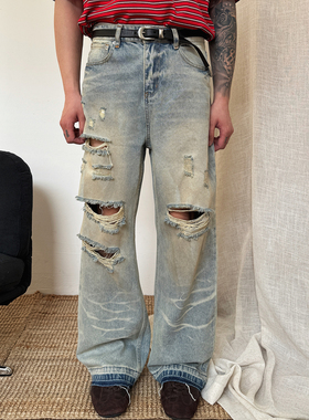 TNMK美式复古街头水洗猫须破洞牛仔裤男款宽松直筒毛边高街长裤潮