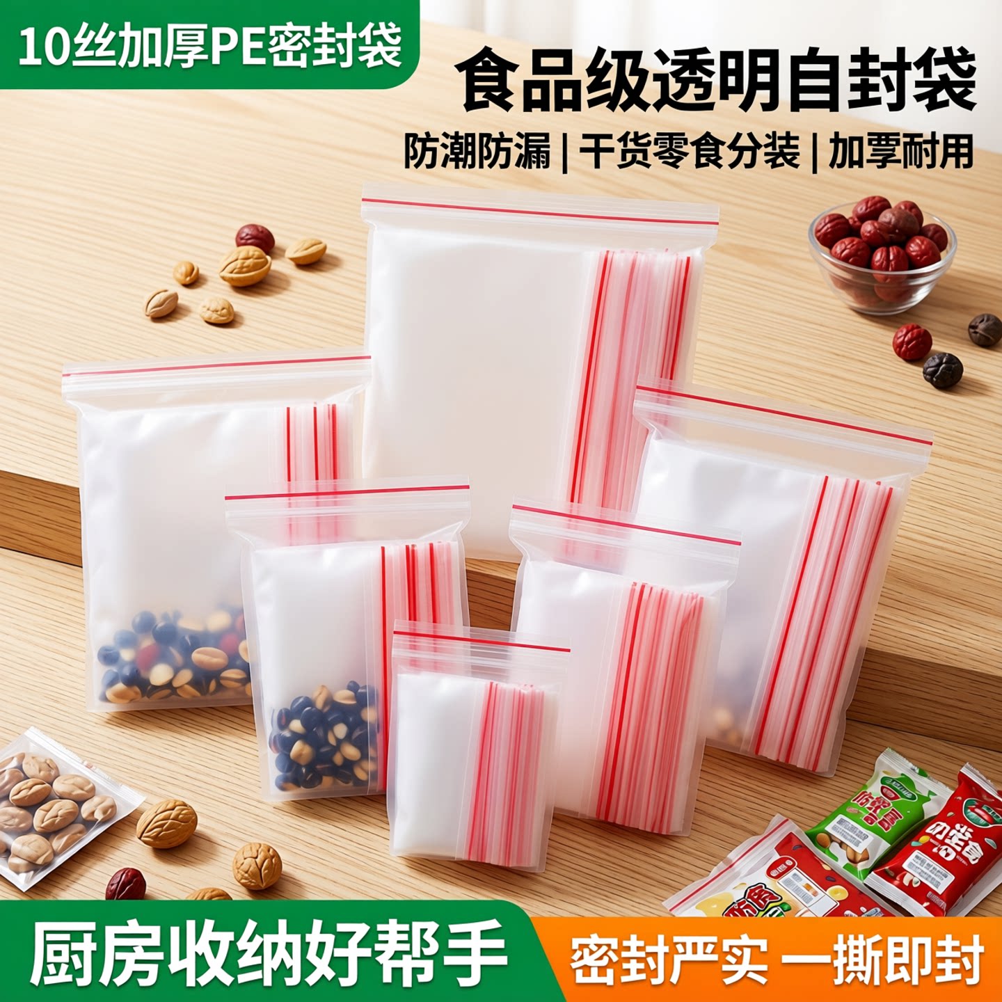 10丝透明pe密封袋食品包装封口袋自封袋干货零食分装加厚收纳袋子