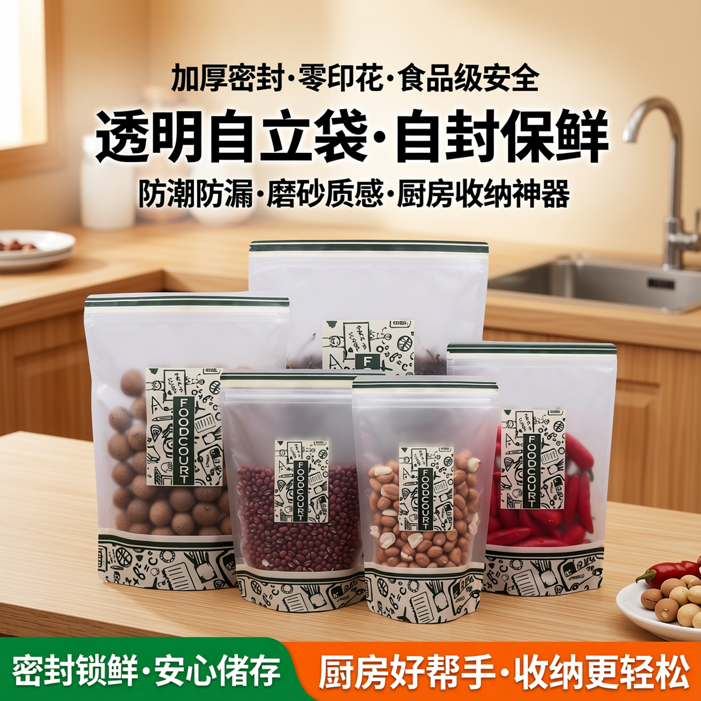 透明自立袋自封袋加厚坚果零印花食品包装袋子塑封口密封袋磨砂