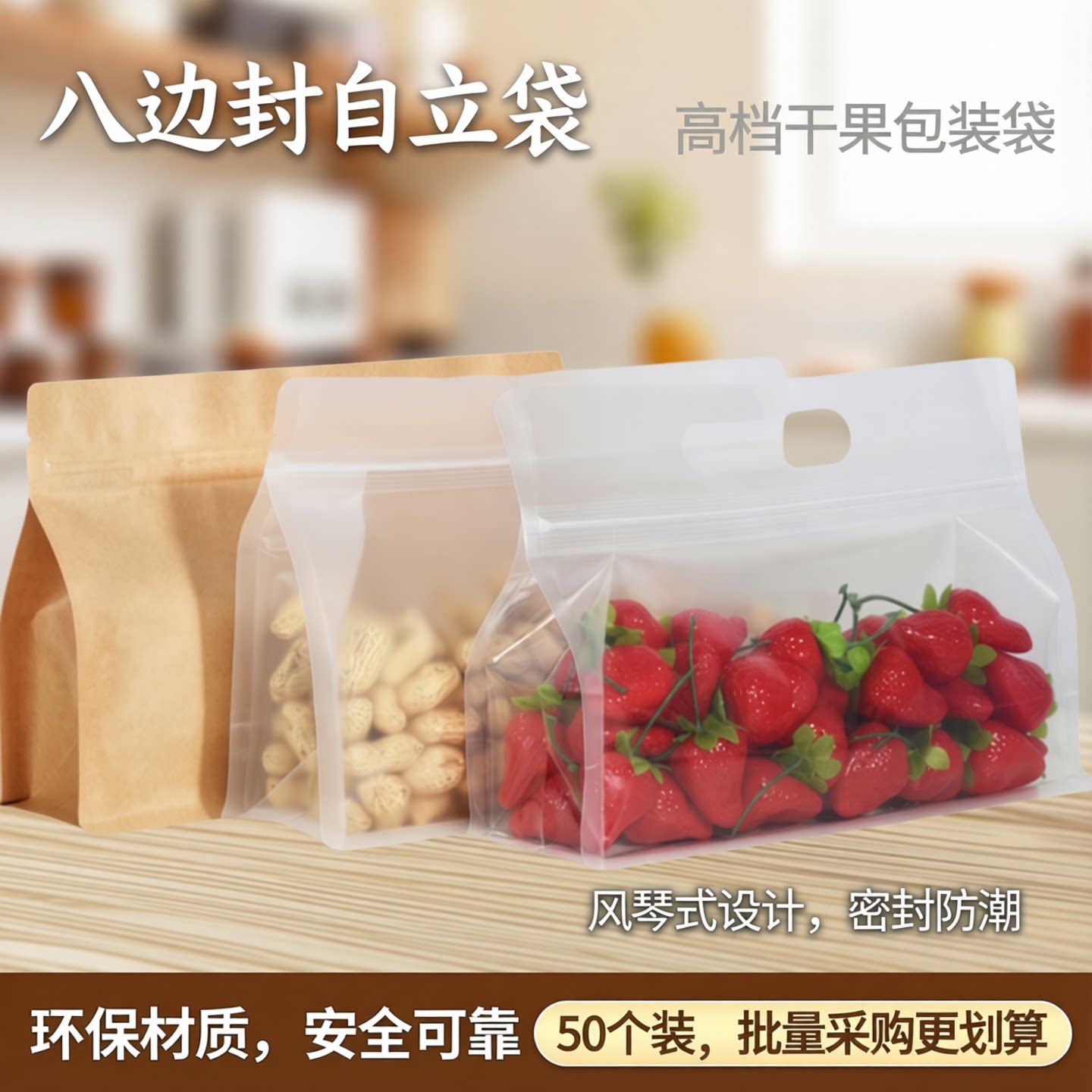 八边封自立自封袋磨砂牛皮纸休闲零食品袋高档干果包装袋风琴50个