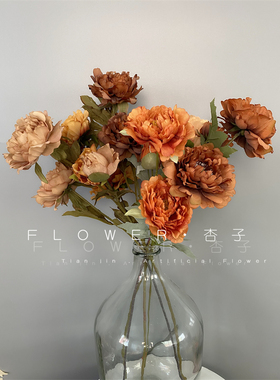 欧式仿真花3头法国牡丹花灰色烟紫色干枯桔色婚庆花摄影头饰假花