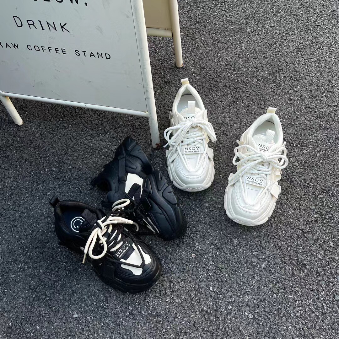 春季新款厚底松糕鞋牛皮内增高系带圆头老爹鞋紫色休闲运动鞋