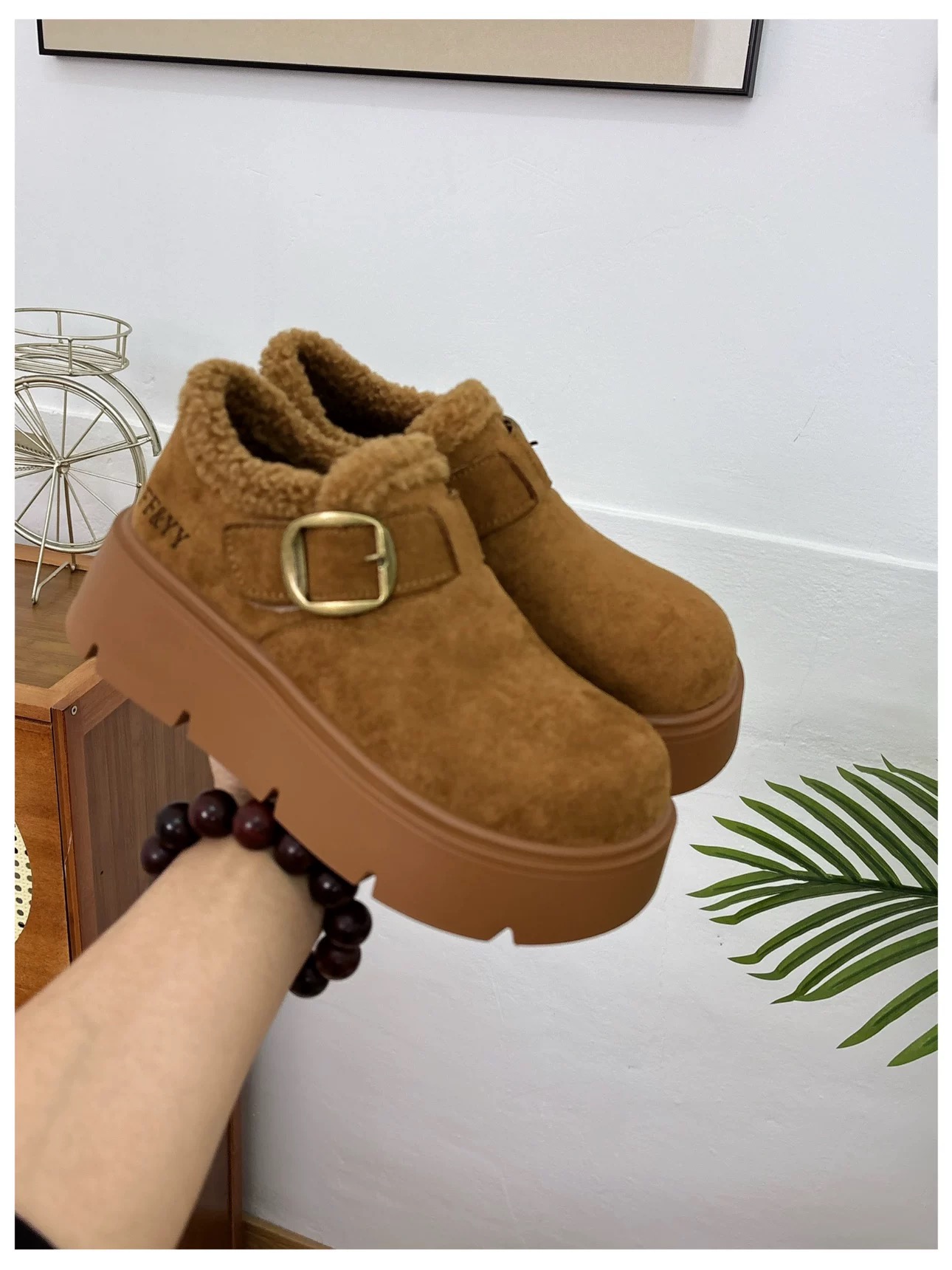 魔术贴厚底增高勃肯鞋女鞋加绒保暖雪地靴2025冬乐福鞋毛毛棉鞋潮