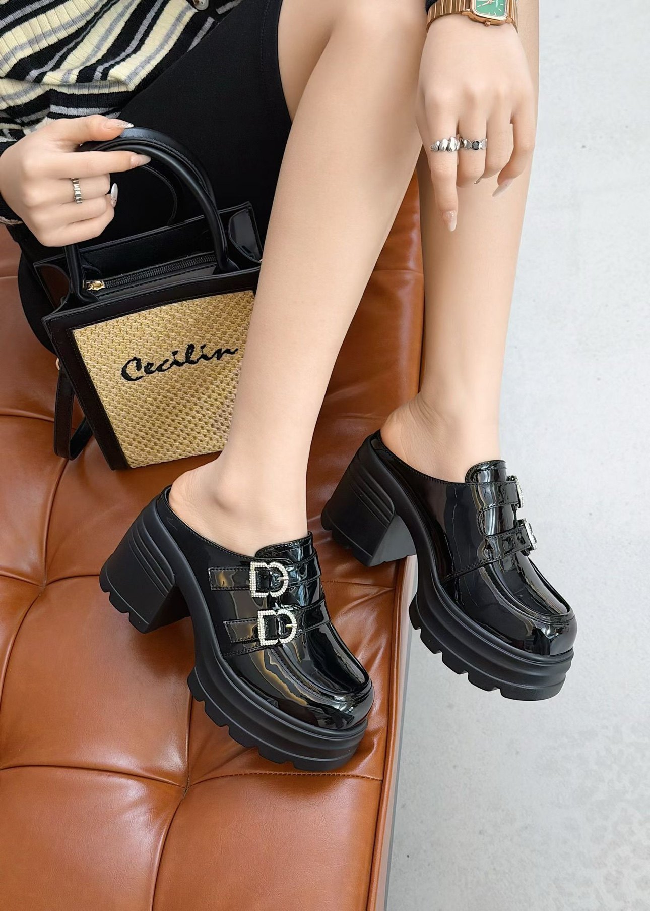 厚底增高乐福鞋女2026年春夏新款百搭真皮黑色小皮鞋英伦漆皮半拖,女鞋,乐福鞋（豆豆鞋）,淘宝优惠券,粉丝福利购,淘宝优惠卷