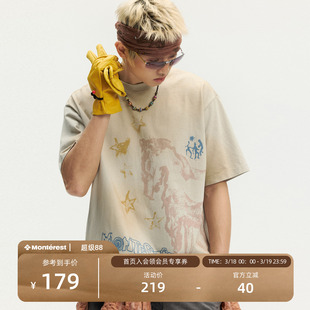 瞬时山野Monterest马年限定复古洗水手绘Vintage草图印花短袖T恤