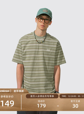 瞬时山野Monterest户外花体刺绣全棉复古图腾条纹宽松休闲短袖T恤