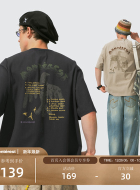瞬时山野Monterest户外复古唱片鸟印花圆领宽松夏季短袖T恤男