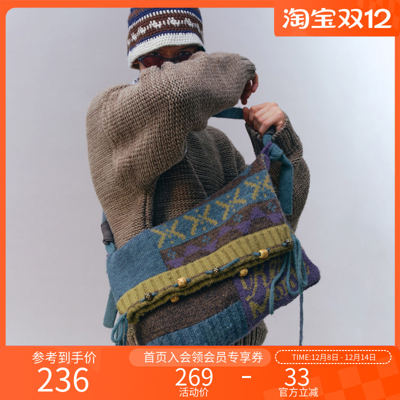 Monterest复古拼色针织斜挎包