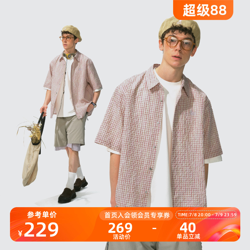 Monterest宽松翻领格纹短袖衬衫