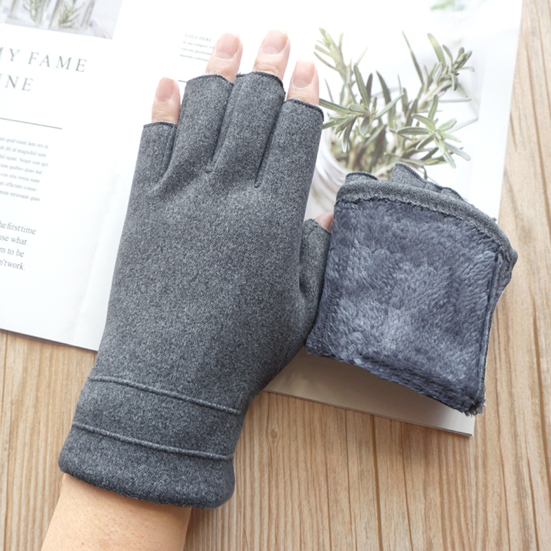 秋冬天仿羊毛加绒加厚露指手套